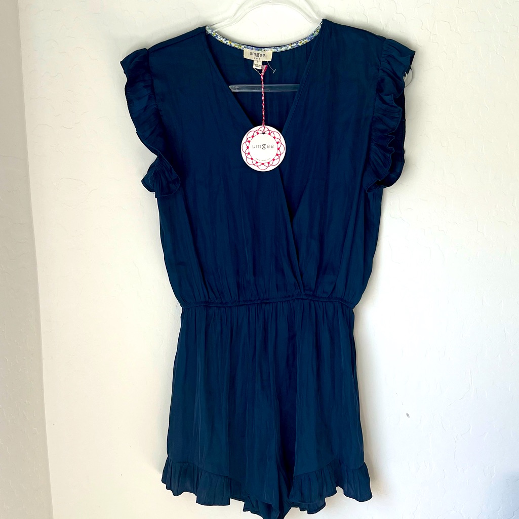 Umgee Ruffle Sleeves And Ruffle Legs Satin Romper Overlapping Top In Navy Blue